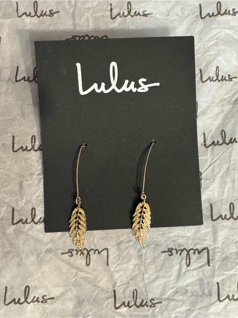 Lulu's Gold Tone Leaf Drop Dangle Rhinestone Earrings - NEW